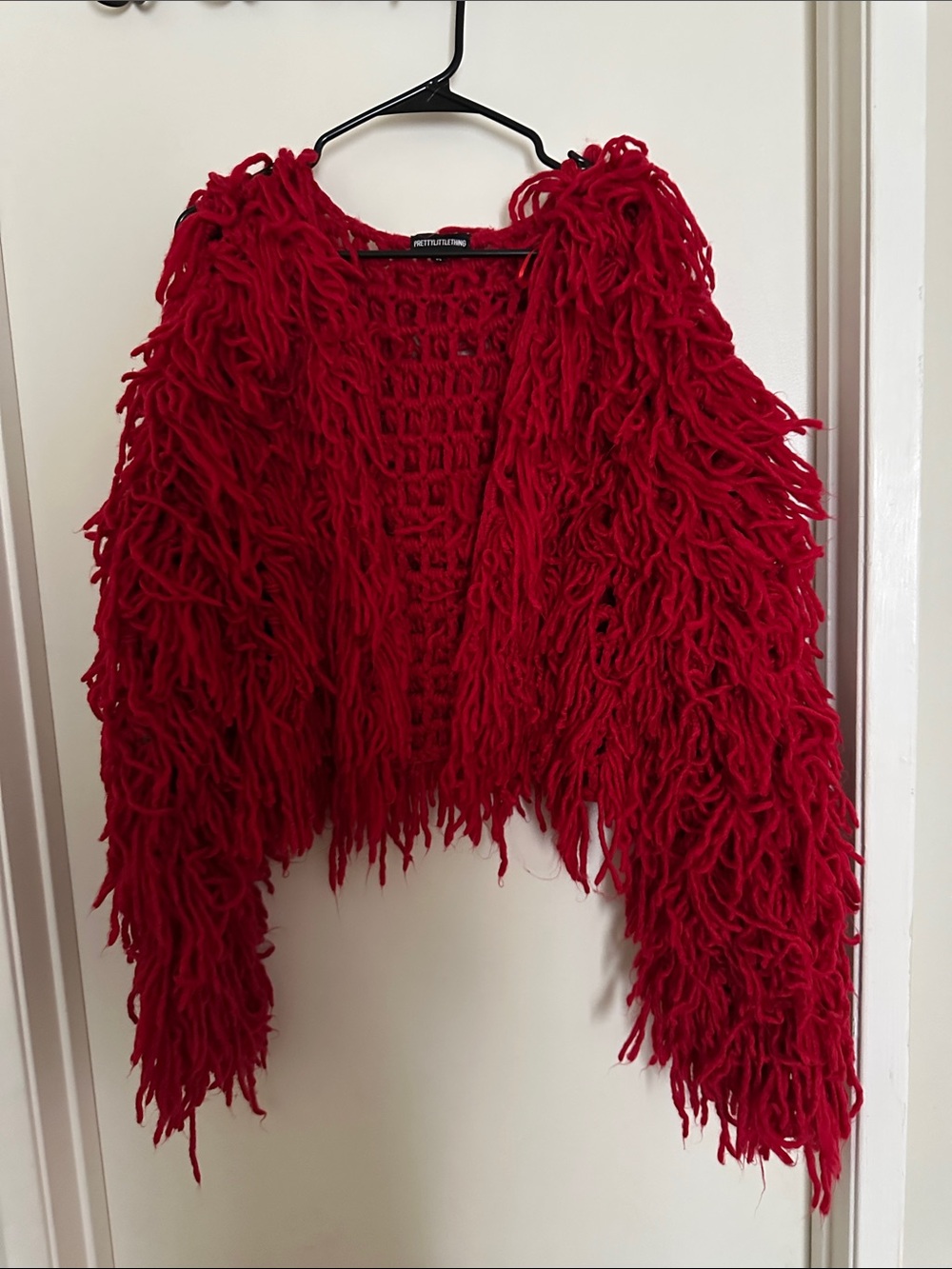 PrettyLittleThing Red Shaggy Open-Front Cardigan